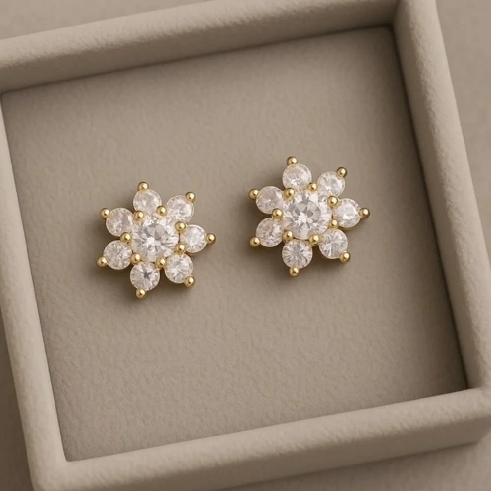 Gold Plated Floral Pattern CZ Post Back Earrings #151
